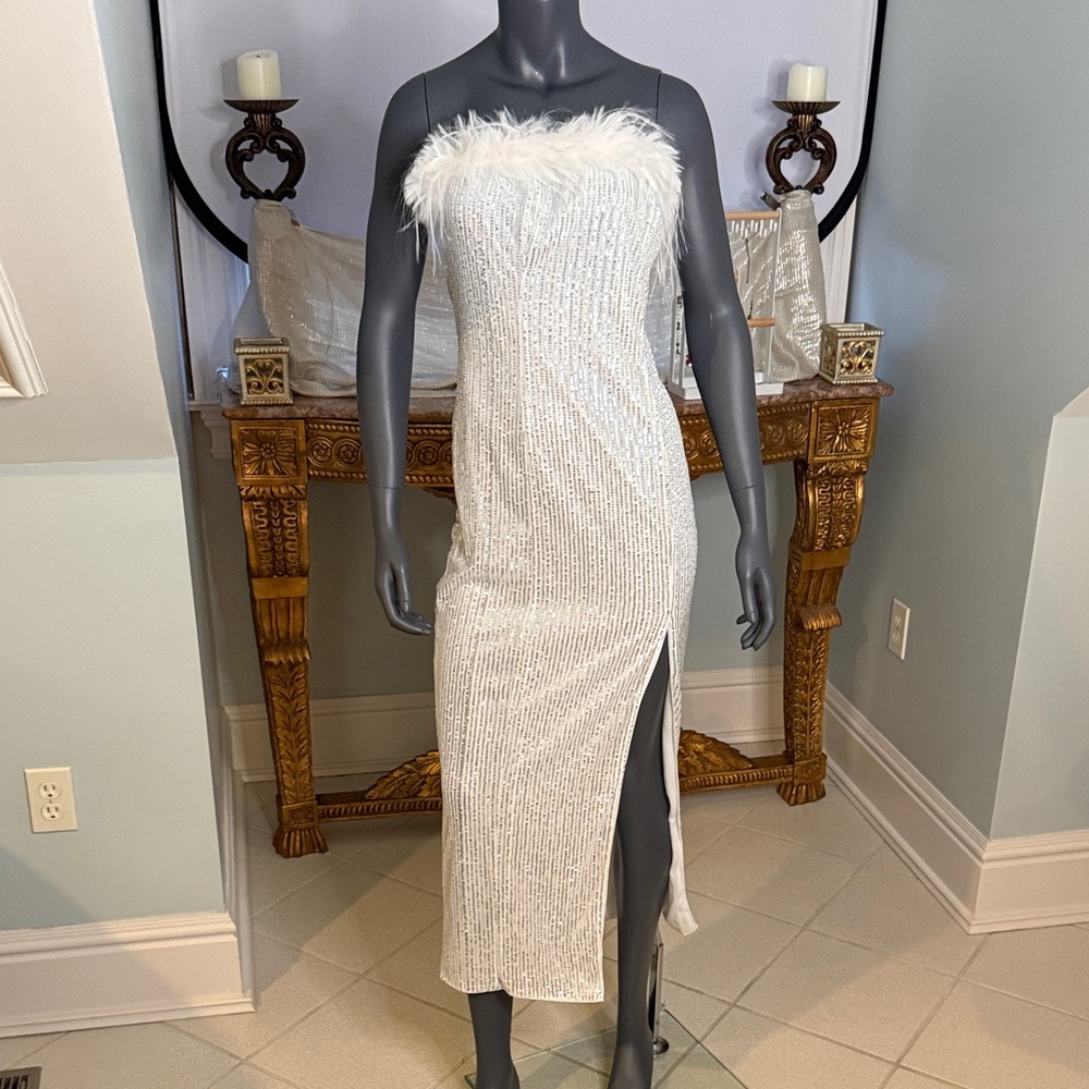 Elegant White Sequin Dress with Feather Trim